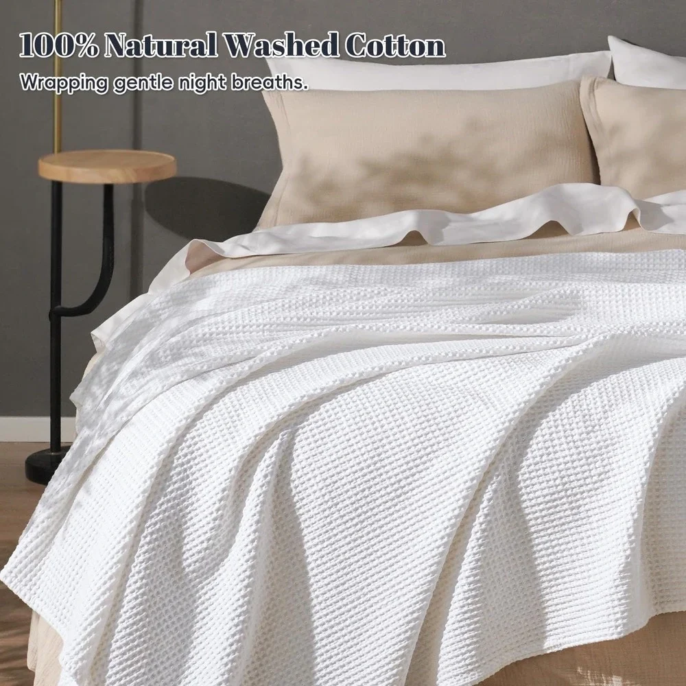 PHF Waffle Weave Blanket King White 100% Natural Washed Cotton Cozy Cottage New